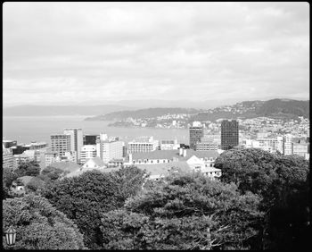 High angle view of buildings against sky