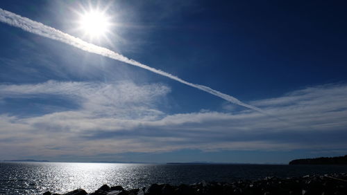 Scenic view of sea against cloudy sky on sunny day