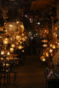 Illuminated lanterns hanging in market at night