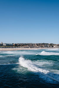 Scenic view of sea against clear blue sky