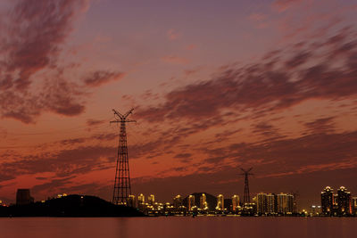 Silhouette buildings and electricity pylon against sky during sunset