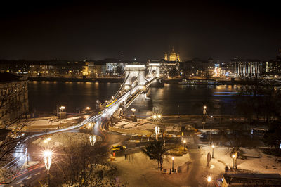 High angle view of illuminated chain bridge over danube river at night