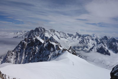 Scenic view of snow covered mountains against sky