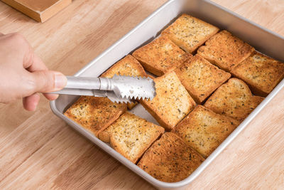High angle view of person preparing food in kitchen