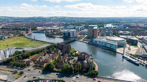 High angle view of buildings in city