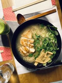 High angle view of food served on table