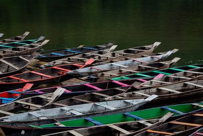 High angle view of boats moored in lake