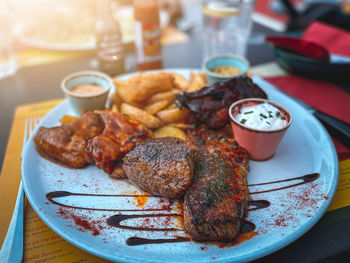 High angle view of food served in plate