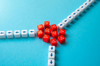 Directly above shot of medicines on blue background