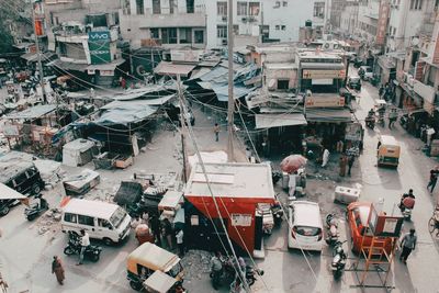 High angle view of street amidst buildings in city