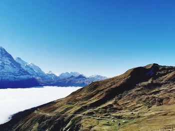 Scenic view of snowcapped mountains against clear blue sky