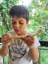 Portrait of cute boy holding plant