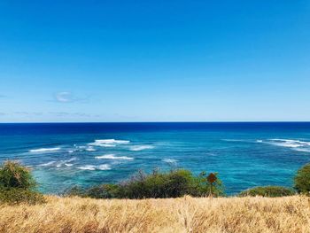 Scenic view of sea against blue sky