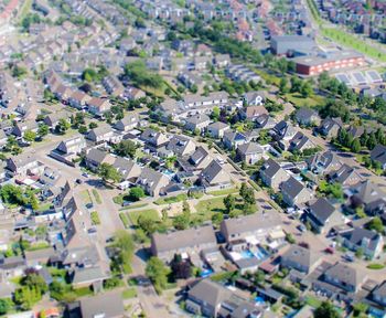 High angle view of houses in town