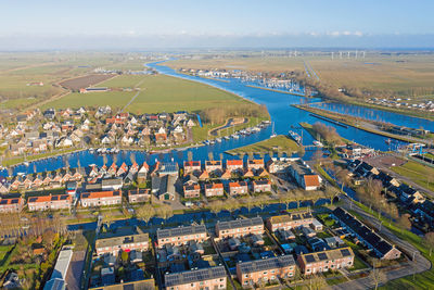 Aerial from the harbor and city stavoren at the ijsselmeer in the netherlands