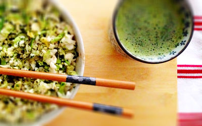 Close-up of served food on table