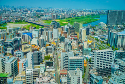 High angle view of buildings in city