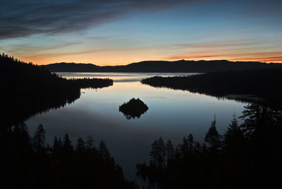 Scenic view of lake against sky at sunset