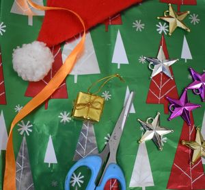 High angle view of christmas decorations on table