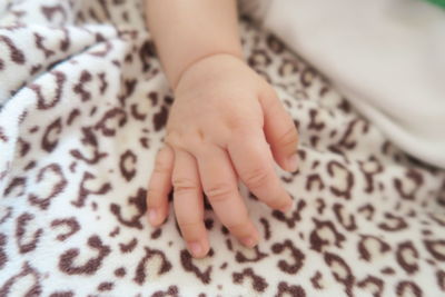 Cropped hand of baby girl on bed