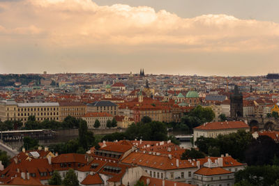 High angle view of townscape against sky at sunset