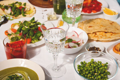 High angle view of meal served on table