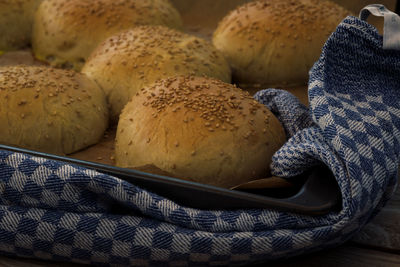 High angle view of bread in basket on table