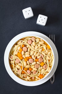 High angle view of pasta in bowl on table