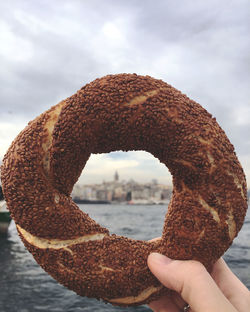 Close-up of hand holding bread against sky