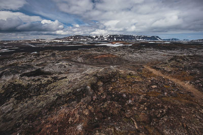 Aerial view of landscape by sea against sky