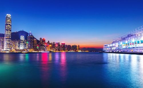 Illuminated buildings at waterfront