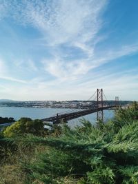 Suspension bridge over sea against sky