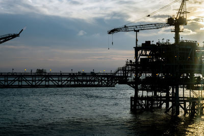 Landscape of an oil production platform during sunset