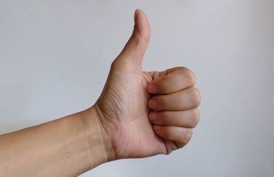 Cropped image of person hand against white background
