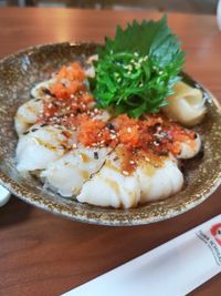 High angle view of seafood in plate on table