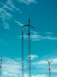 Low angle view of crane against blue sky