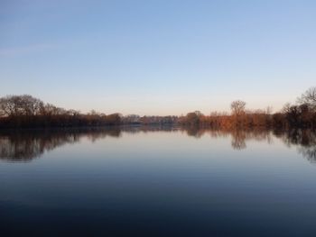 Scenic view of calm lake against clear sky