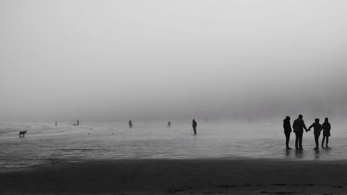 People on beach against sky during foggy weather