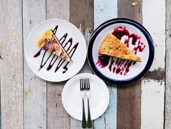 Directly above shot of cake served on table