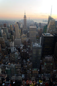 High angle view of cityscape against sky during sunset