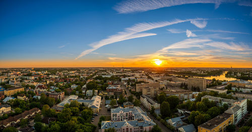 Panorama of the city of tver at the confluence of the volga and tvertsa river in russia at sunset
