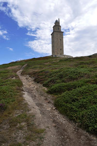 View of lighthouse on field against cloudy sky