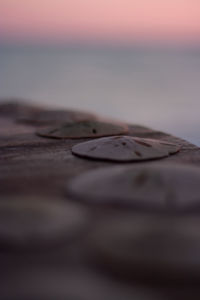 Surface level of table by sea against sky