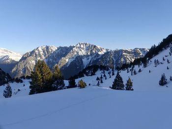 Scenic view of snowcapped mountains against clear sky