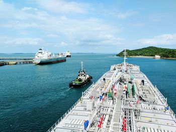 High angle view of a vessel maneuvering against sky