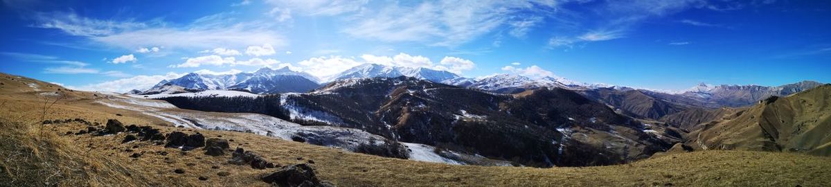 Panoramic view of snowcapped mountains against sky