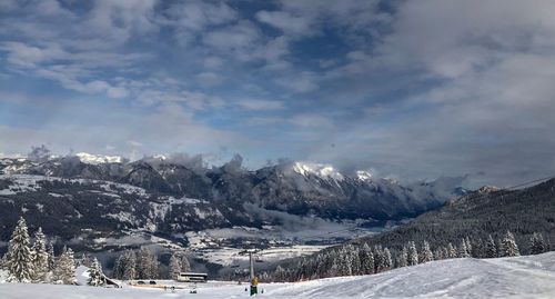 Scenic view of snowcapped mountains against sky