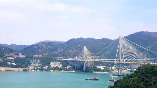 View of suspension bridge over river