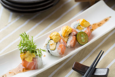 High angle view of sushi in plate on table