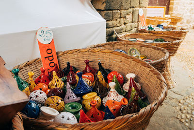 High angle view of basket for sale in market